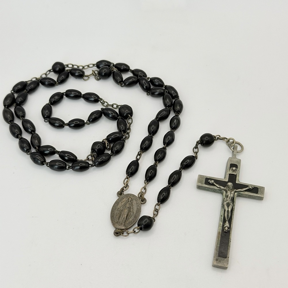 Vintage French Ebony Silver Tone Crucifix Rosary Black Beads France Cross 19.5"